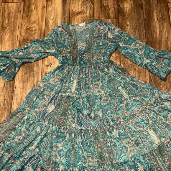 Anthropologie Boemo Maxi Dress M Teal Paisley Tiered Boho CottageTassles - Picture 2 of 10